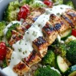 Grilled Chicken & Broccoli Bowls with Creamy Garlic Sauce First Image