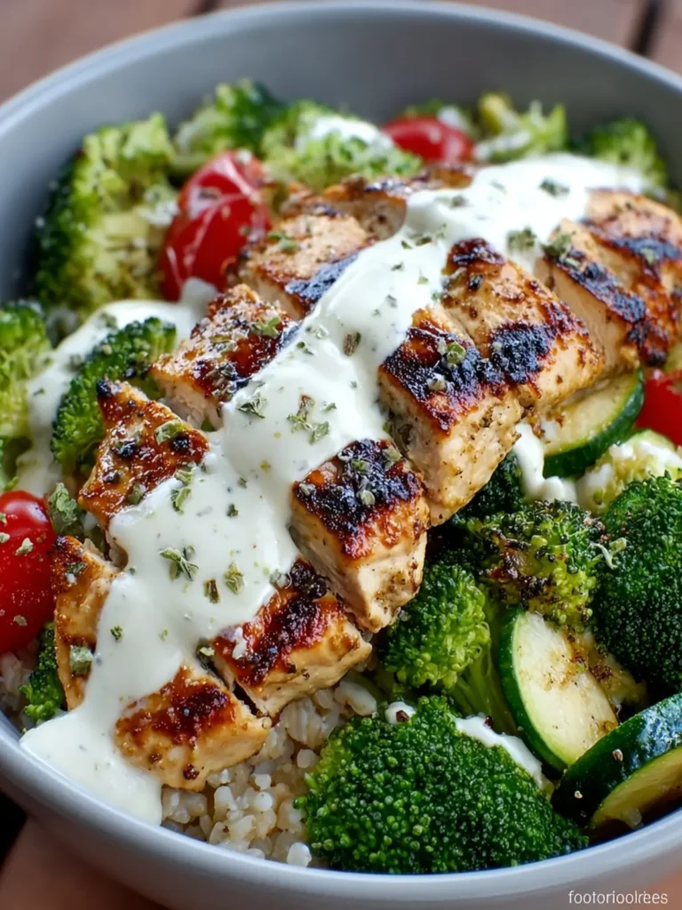 Grilled Chicken & Broccoli Bowls with Creamy Garlic Sauce First Image
